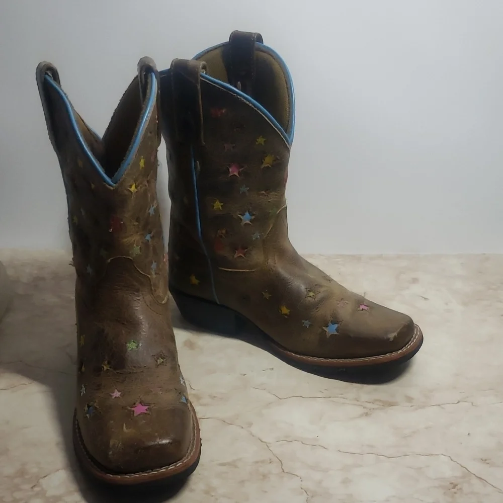 Dan Post Brown Star-Patterned Youth Cowboy Cowgirl  Boots Size 1.5